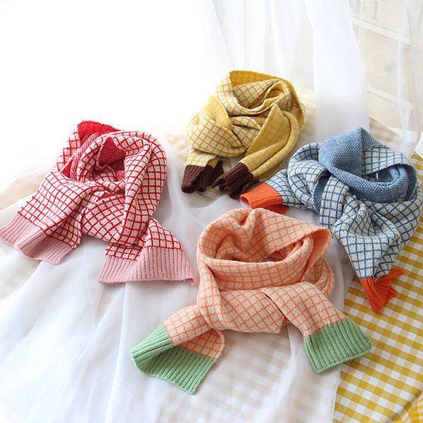 

ins color contrast small plaid children's knitting scarf, Blue;gray