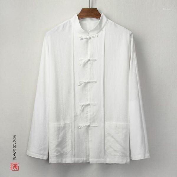 

autumn new men's costume chinese style buckle retro cotton long shirt large pocket traditional loose streetwear black white1, White;black