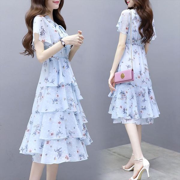

new summer dress of 2021 korean version printed chiffon dress with long style and thin fragmented cake dress, Black;gray