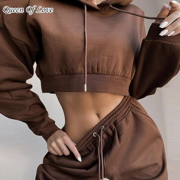 

autumn casual fleece 2 piece set tracksuit women hoodies cropped and pants suit two piece drawstring outfits matching sets1, Gray