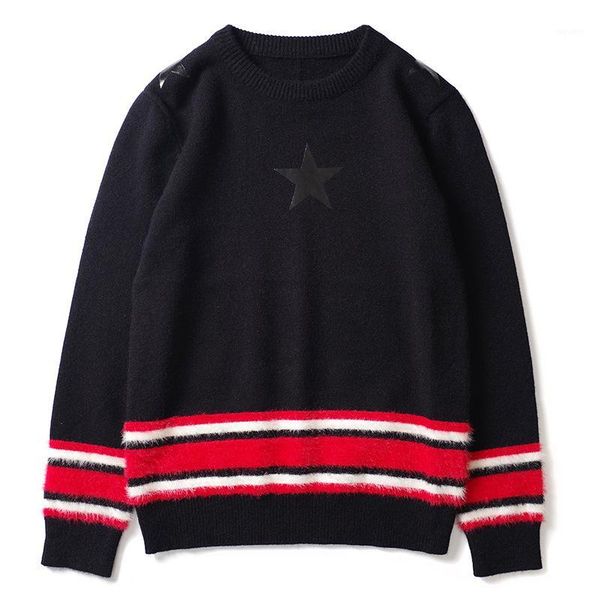 

new punk man luxury winter gentleman leather stars stripes knit casual sweaters pullover asian plug size high #l261, White;black