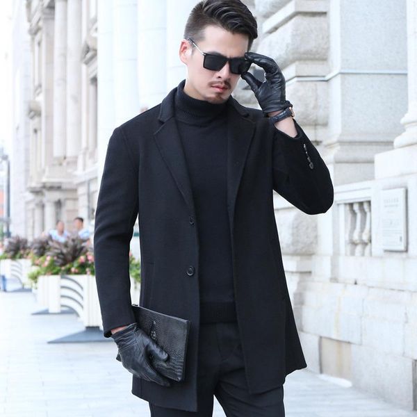 

men's trench coats woolen coat for young double faced nylon medium long windbreaker without cashmere, Tan;black