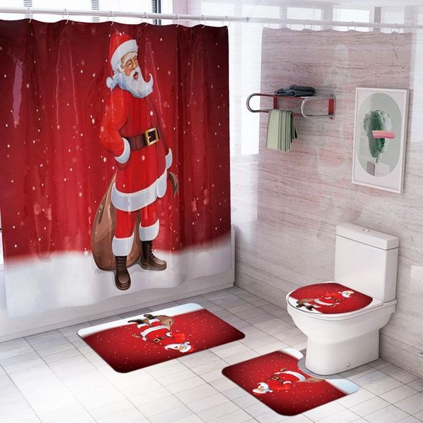 

4 pcs/set shower curtains+bathroom mats non slip carpet toilet cover seat cartoon christmas bath rug foot pad home decor doormat1