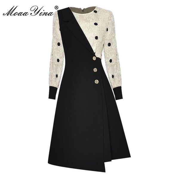 

casual dresses moaayina fashion designer dress autumn women's tassel long sleeve colorblock asymmetrical elegant, Black;gray
