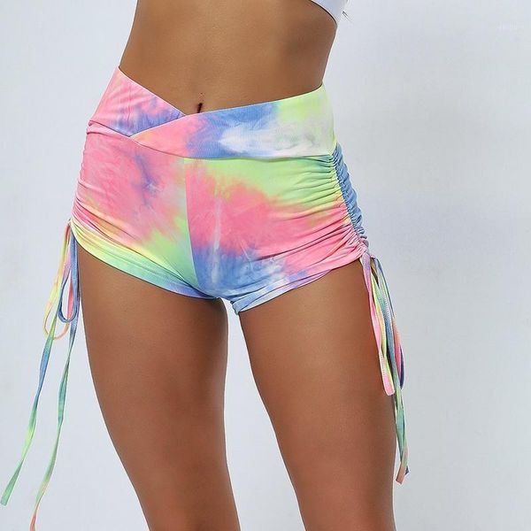 

tie-dye fashionable yoga shorts drawstring high waist sweatpants rainbow print shorts for women sports leggings running fitness1, White;red