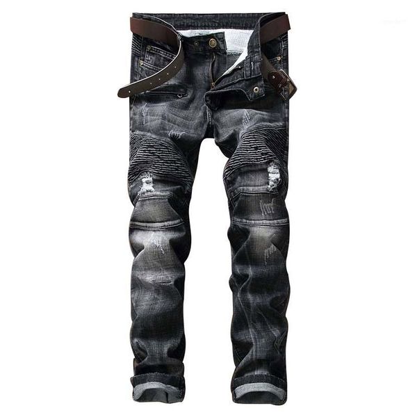 

men's jeans mens casual elastic ripped drape denim hip hop slim fit distressed biker pants black straight pencil trousers multi zipper1, Blue