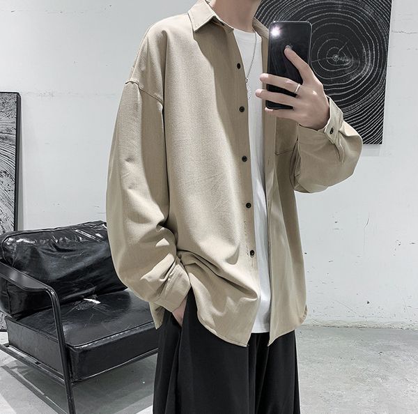 

camisa de pure color shirt men's fashion loose long sleeve shirt autumn style hombre student casual jacket blouse, White;black