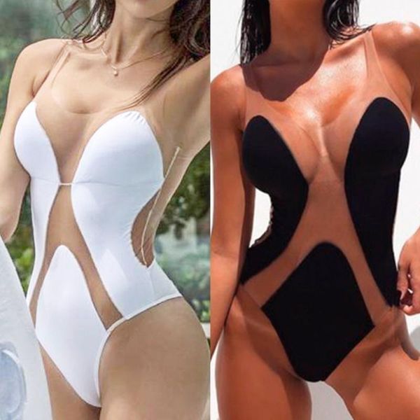 Women's Swimwear Kekaka Sexy Nude Ver através da malha Uma peça Swimsuit Mulheres 2021 Alto cintura V-decote V Ruched Recorte BodySuit1