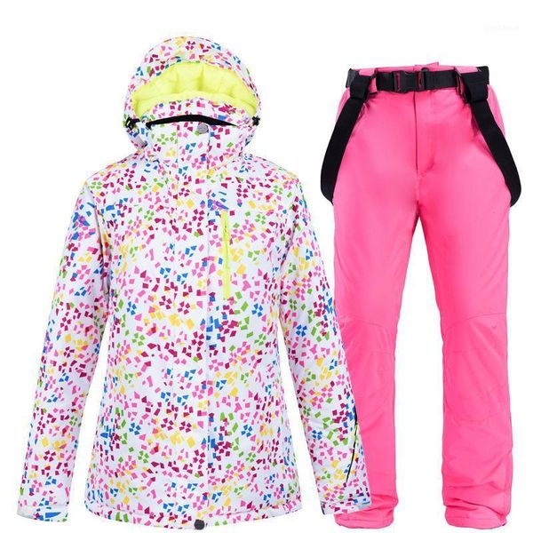 

skiing jackets white women suit sets snowboarding clothes waterproof windproof winter costumes + strap pants snow wear1