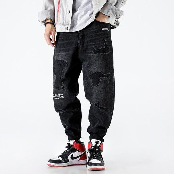 

autumn men's new personality solid color loose temperament youth fashion wild cotton old hole letters embroidered denim trousers1, Blue