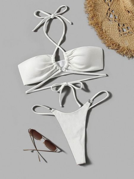 

plain ring linked bandeau bikini swimsuit n39q#, White;black