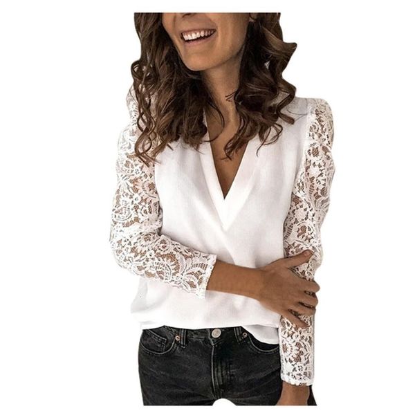 

selling product in 2021 lace new women fashion lace long sleeve v neck blouse casual ladies support wholesale dropshipping, White