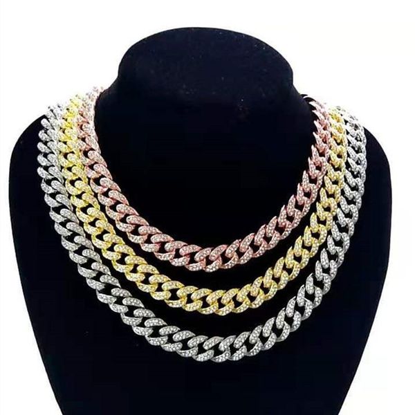 

iced out paved bling rhinestones curb cuban chains necklace hip hop gold rose gold slver color necklace for men fashion jewelry, Silver