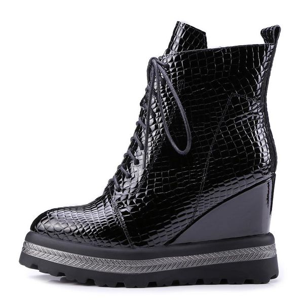 

boots dropship cow leather fashion ankle woman shoes lace up wedge 9cm high heels boot female, Black
