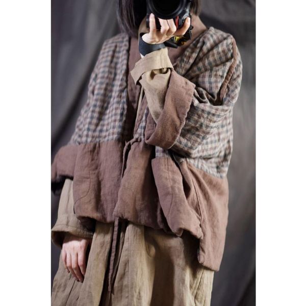 

women's down & parkas women linen plaid patchwork padded coat female spliced short spring autumn flax, Black