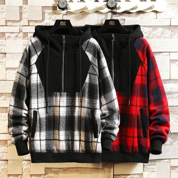 

2021 new japan style casual o-neck spring autumn plaid hoodie sweatshirt men's thick hip hop streetwear clothes w905 vglc, Black