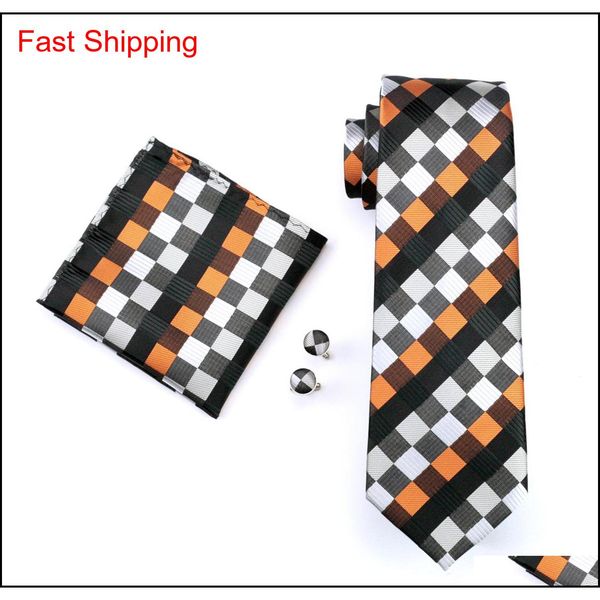 

orange gray black plaid silk ties set for men hankerchief cufflinks jacquard woven classic business formal work n qylgur homes2007, Black;blue