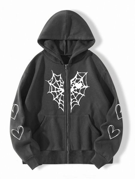 

spider web & heart print zipper thermal hoodie a3ax#, White;black