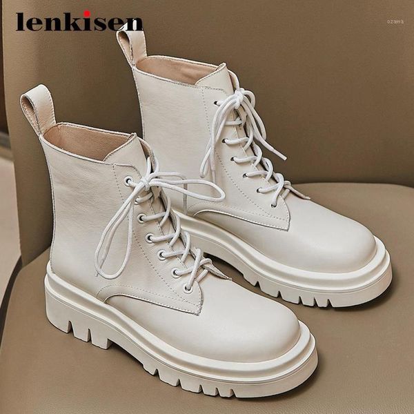 

boots lenkisen large size motorcycle genuine leather round toe thick high heel lace up handsome maiden ankle l361, Black