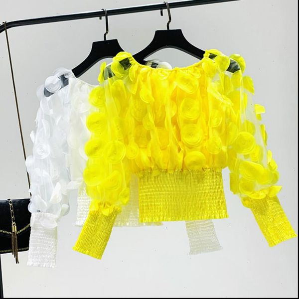 

women perspective mesh spliced chiffon shirts slash neck gauze blouses 3d flowers crop slim lantern sleeve blusas mujer, White