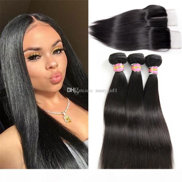 

brazilian virgin hair with closure straight human hair 3 bundles with closure 4*4 natural color middle 3 part sassy girl, Black;brown