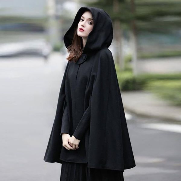 

winter cloak jacket wool women gothic hooded capes shawl solid coat ponchos cape poncho loose female cloak jacket, Black;brown