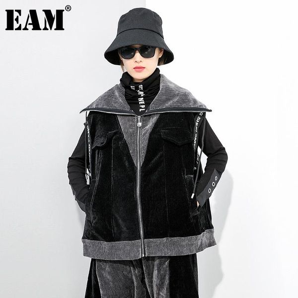 

eam] women loose fit black denim split big size thick vest new lapel sleeveless fashion tide spring autumn 2020 1dd0018, Black;white