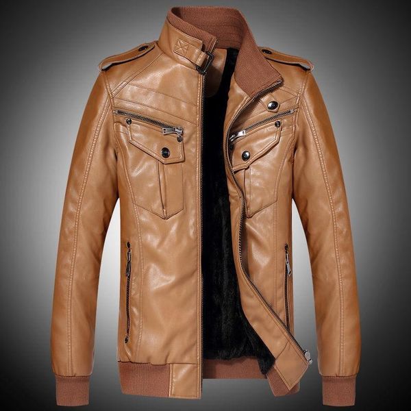 

winter fall 2020 male man stand collar black khaki warm thick pu leather motocycle jacket coat , biker jackets and coats for men