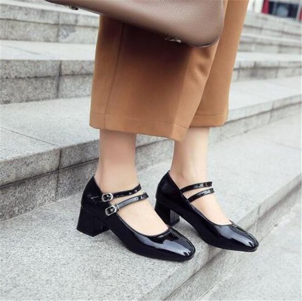 

pxelena design double ankle strap pumps women chunky block med heels shoes office lady square toe patent leather heels new 34-431, Black