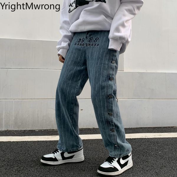 

side button patchwork embroidery letter denim pant jeans stripe high waist streetwear loose straight fashion woman man boyfriend y1214, Blue