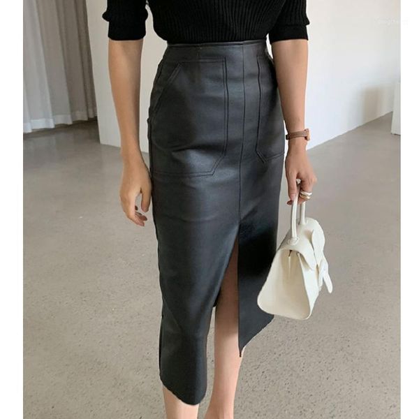 

women's pu leather skirt high waist slim split skirt1, Black