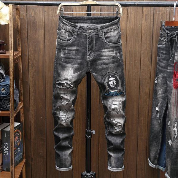 

men's trousers fashion print hole distressed stretch pencil skinny jeans streetwear 30% promotion for young men1, Blue