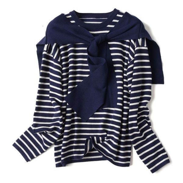 

2021 new striped women sweater young style pullovers autumn winter jumper long sleeve knitwear with cape fause 2 piece set l8sm, White;black