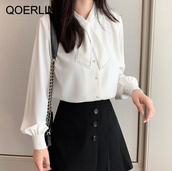 

white elegant blouse women korean style chiffon shirt single-breasted long sleeve bowtie shirt plus size blouse ladies1