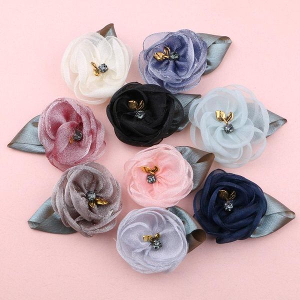 

hair clips & barrettes 20pcs handmade rolling chiffon flowers with leaf decorated floral button patch sticker craft ornament accessories, Golden;silver