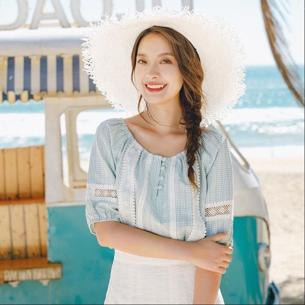 

inman 2021 summer new arrival literary fresh plaid pullover lace check short sleeve blouse drop shipping, White