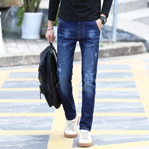 

men's jeans spring winter 2021 warm slim fit business fashion thicken denim trousers black blue men