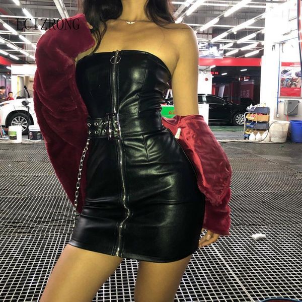 

black bodycon dress for women fashion party nightclub ladies pu leather summer dress woman metal chain pencil mini1, Black;gray