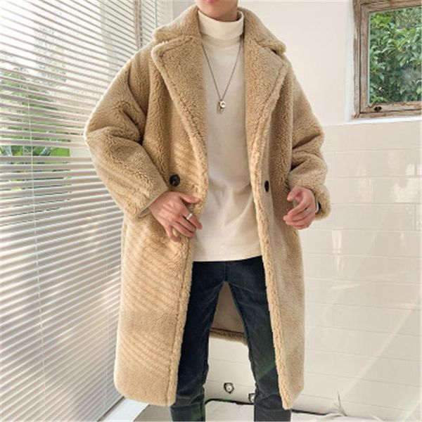 

man woolen blends coat fashion trend long sleeve cardigan button fleece outerwear designer male winter new thicken casual suede long coats, Black