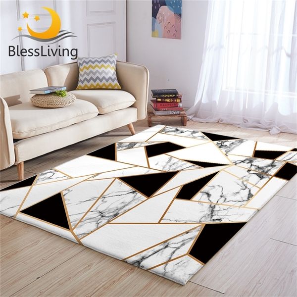 Blessliving Tapetes geométricos para sala de estar preto e branco Centro Tapete Textura de Mármore Tapete Modern Alfombra Dormitório 201225