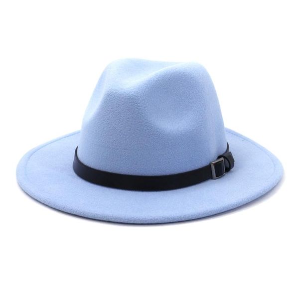 

2020 новая мода неба голубой шерсть войлока федора шляпа для женщин с черным кожаным поясом человека зима широкие панамские шапки 56-58см, Blue;gray