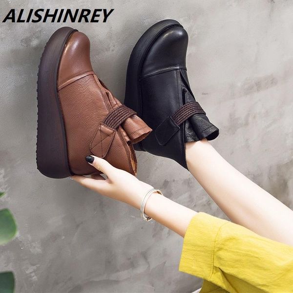 

alshinrey fashion genuine leather women boots winter shoes casual moccasins women boots wedges shoes handmade woman, Black