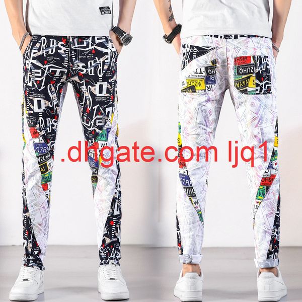 

2020 new personalized printing fashion brand jeans men's korean slim fit small foot stitching elastic graffiti trend pants, Blue