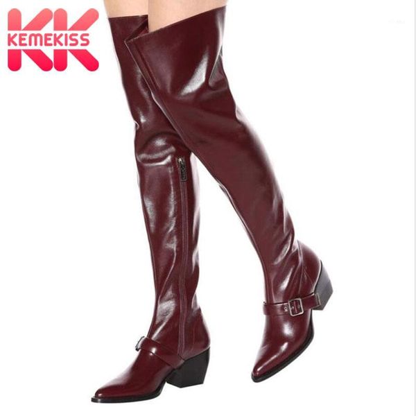 

boots kemekiss plus women over knee thick heel zipper shoes metal buckle pointed toe winter warm fashion footwear size 35-1, Black