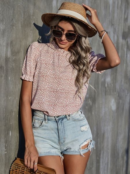 

frill trim leopard print puff sleeve t7bt#, White