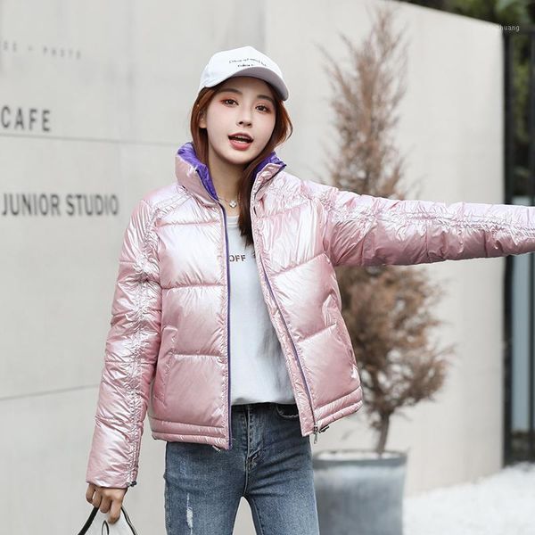 

tide glossy jacket women winter fashion warm thick solid short style cotton padded parkas coat stand collar1, Black