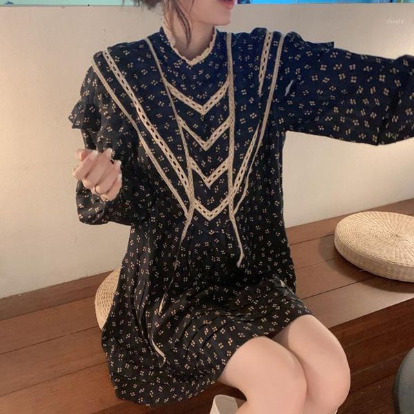 

women's lace stitching mini dress retro floral printed ruffles long sleeve 2020 new dresses1, Black;gray