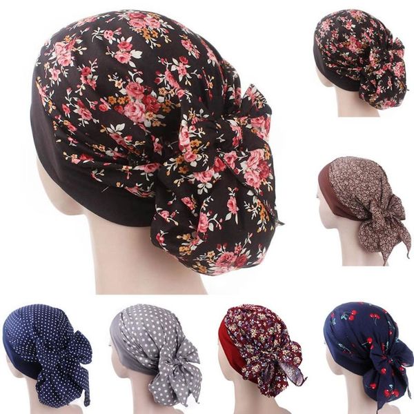 

women print muslim hat stretch retro turban hat head wrap cap, Blue;gray