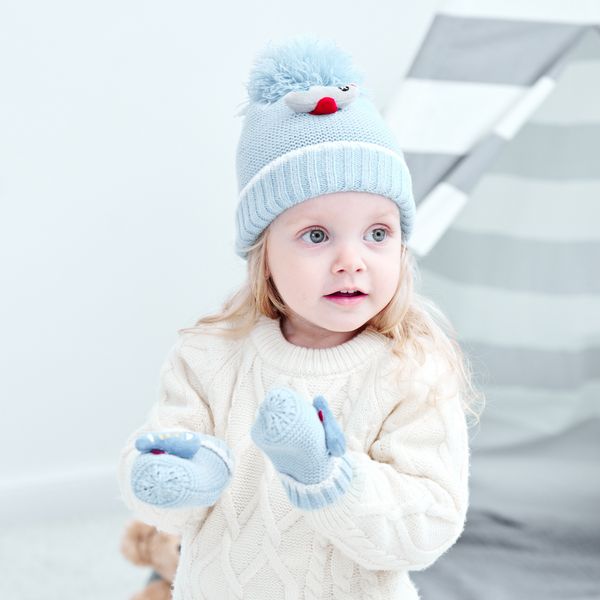 M420 Nuovo Inverno Caldo Del Bambino Del Fumetto Aereo Cappello Lavorato A Maglia Guanto Set Bambino Neonati Palla di Lana Cappelli Beanie Guanti Bambini Cappello + Guanti 2 pz/set