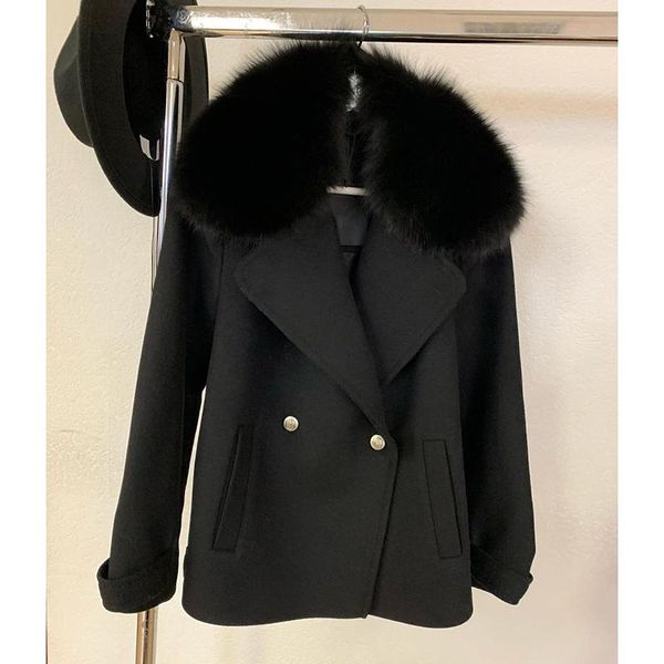 

elina fashion faux меховые воротники куртки женщины элегантные черные двубортные шерстяные пальто женщины свободные куртки с длинным рукавом, Black;brown